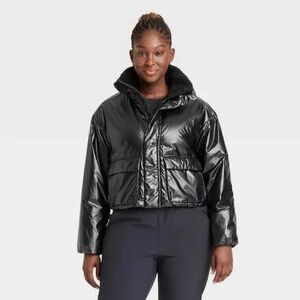All in Motion Cropped Shiny Black Puffer Jacket with Plush Collar